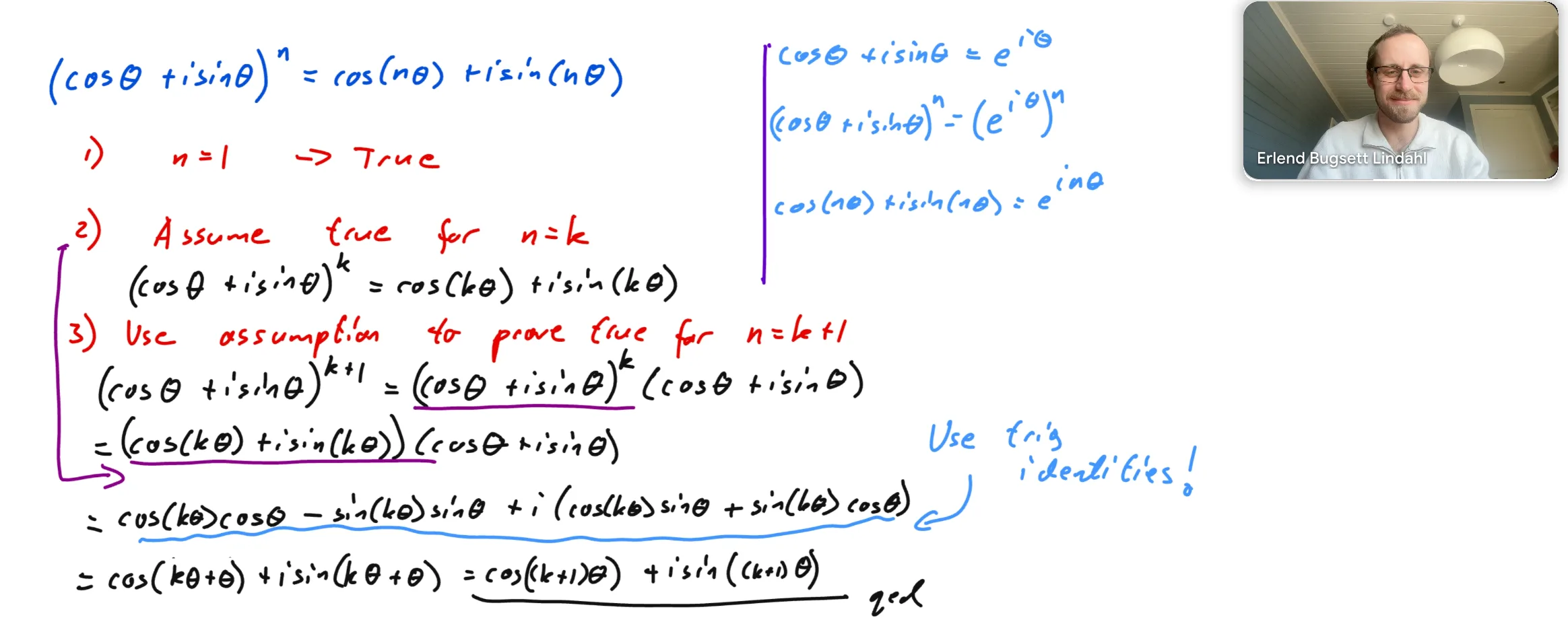 Whiteboard from a lesson: De Moivre’s theorem proved by induction, with the base case, the assumption for n = k, and the inductive step worked through to n = k + 1 using the compound angle identities.
